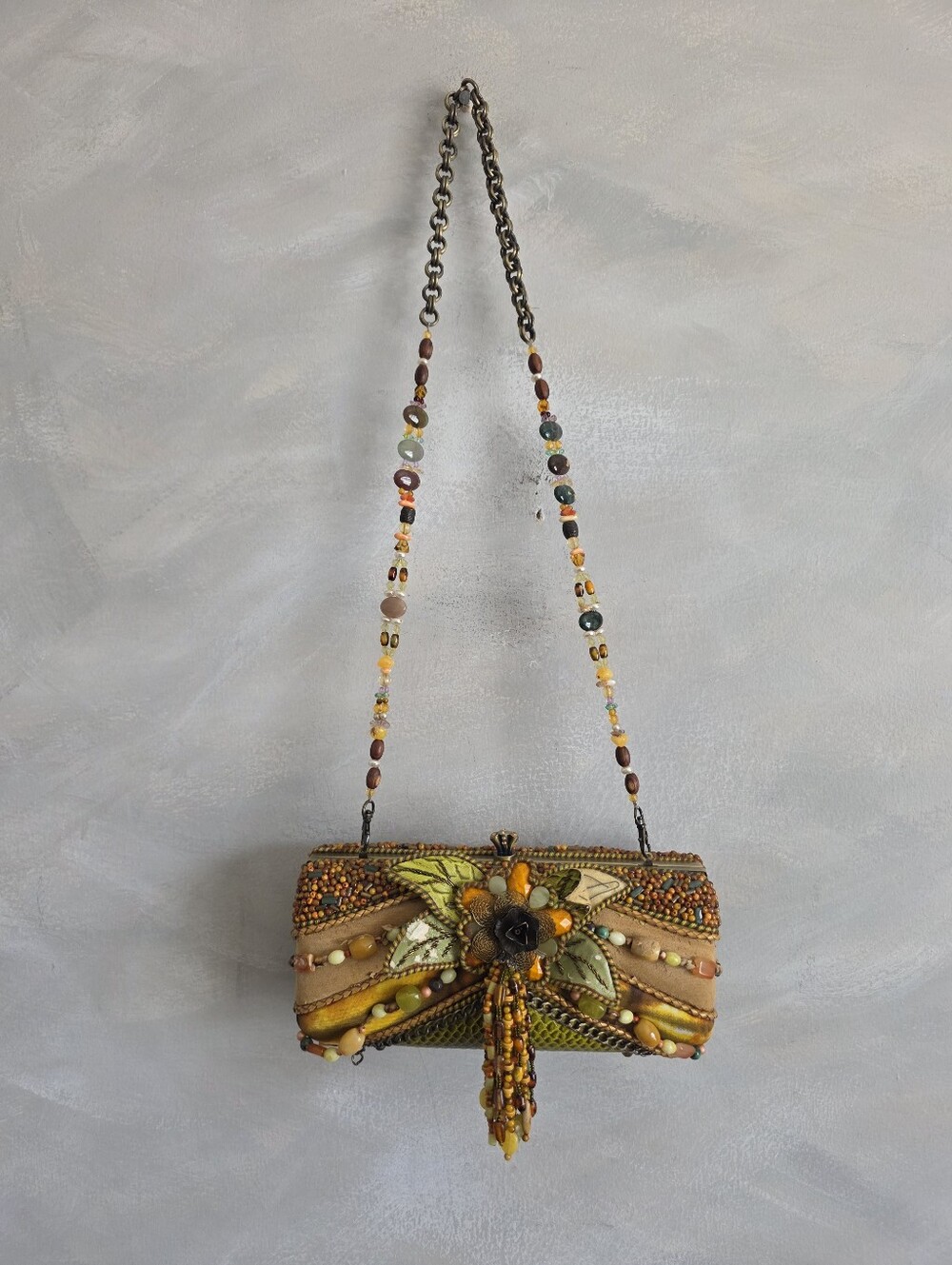 Mary Frances Bead Fringe Floral Earth Toned Green Brown Patchwork Shoulder Bag